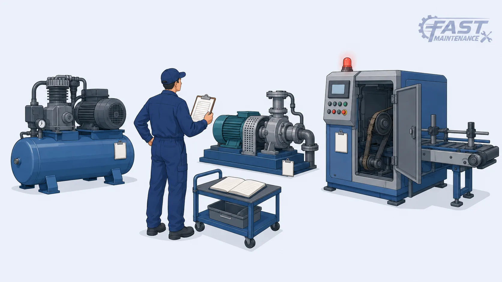 Factory machines with blank maintenance tags and an empty service record board, with no preventive maintenance schedule
