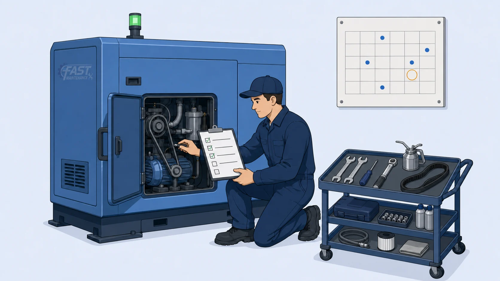 Technician completing a preventive maintenance checklist on a machine on its scheduled service due date
